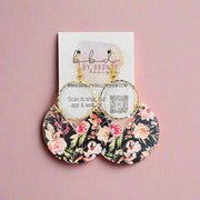 ERIN - Leather Earrings || <BR> PINK FLORAL ON BLACK (LEATHER ON CORK)